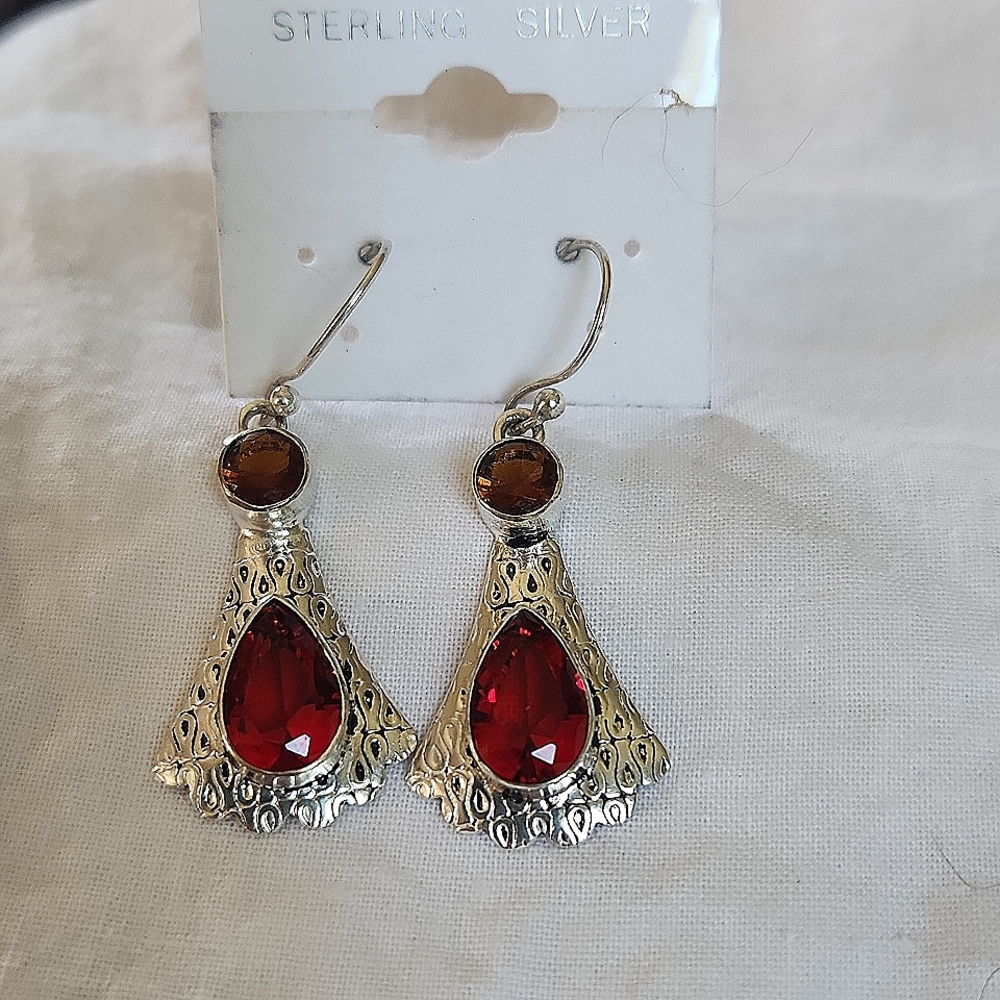 Red and Gold Garnet Sterling Silver Earrings